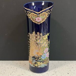 GOLDEN LOVE PEACOCK Japanese Floral V- Neck Vase | Cobalt Blue & Gold Accents